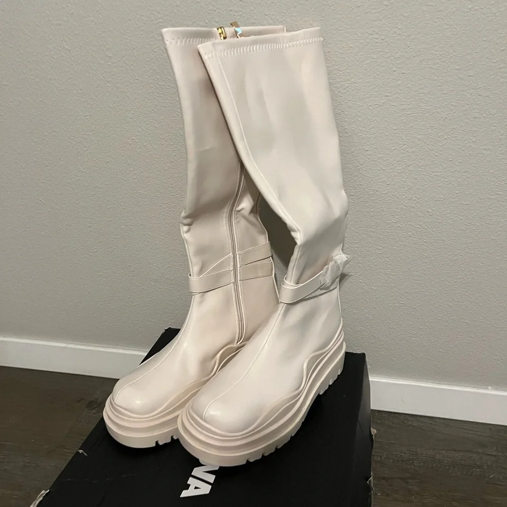 Cream Over the Knee Boots with Chunky Sole - Picture 2 of 4